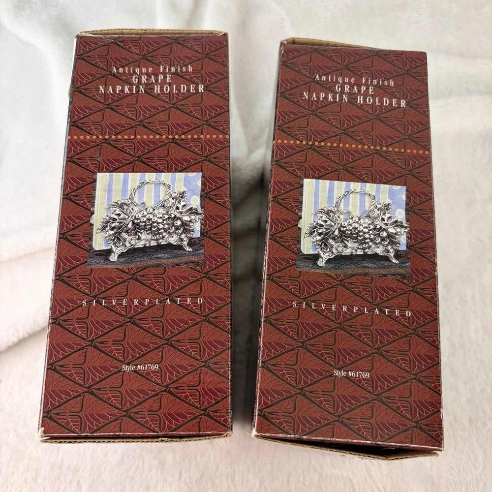 Vtg 90s Studio Silversmiths Antique Finish Grape Napkin Holder Original Box Pair